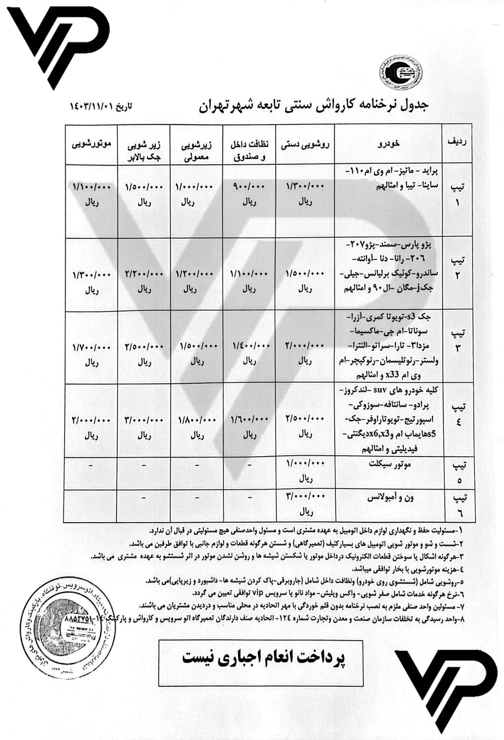 نرخ کارواش تهران بهمن 1403